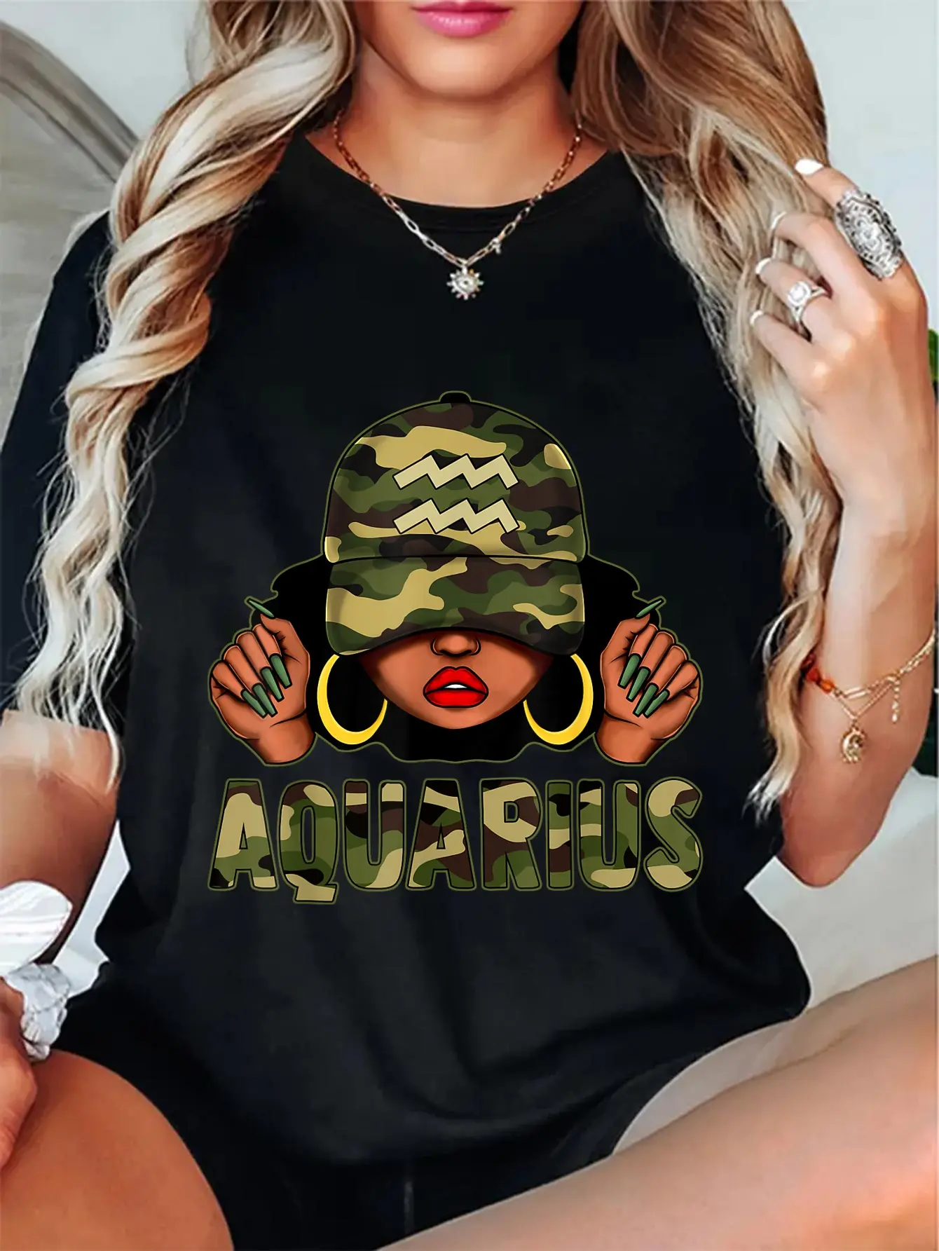 100% Cotton Unisex Aquarius Queen Black Woman With Cap Camo Afro Girl Zodiac T-Shirt