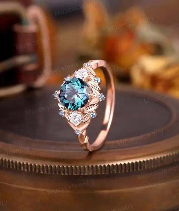 Round Alexandrite Engagement Ring, Floral Halo Cluster Design
