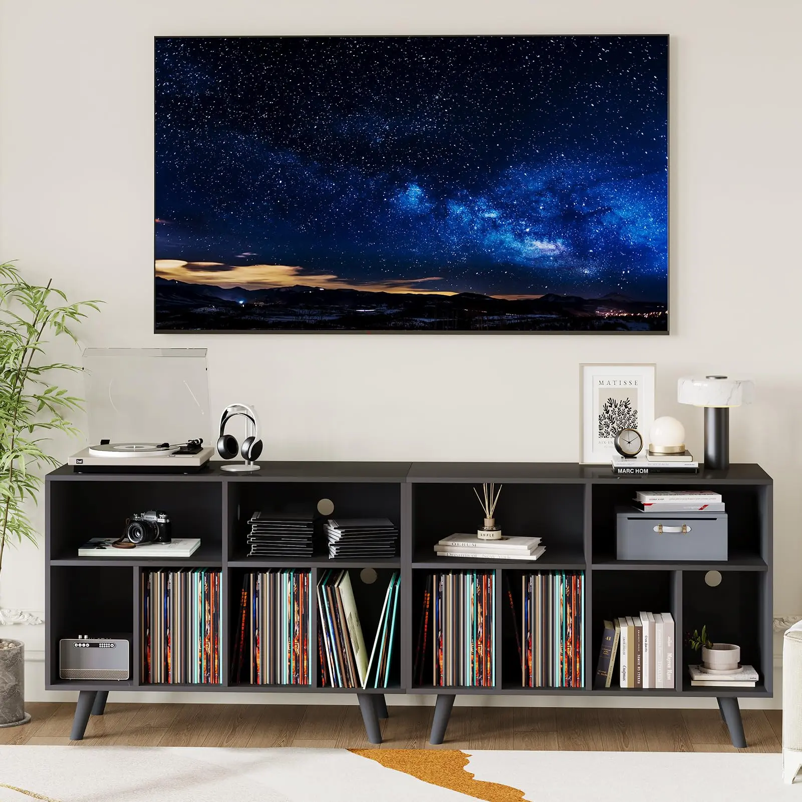 Garvee Record Player Stand with Power Outlet and Large Storage Cabinet, Holds 350 Albums, Ideal for Living Room, Bedroom, or Office, Black Finish
