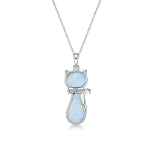 Lavari Jewelers Women's Created White Opal Cat Diamond Pendant 18 Inch Sterling Silver with Lobster Clasp