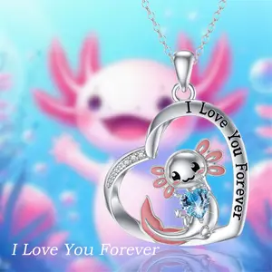 1Pc Creative Cute Pink Ear Axolotl Blue Artificial Crystal Pendant Necklace Exquisite Women's Cartoon Animal Jewelry Accessories Suitable for Women, Wife, Girls Birthday Gift
