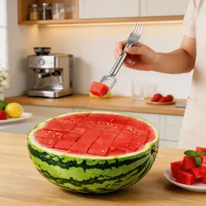 Stainless Steel 2-in-1 Watermelon Slicer and Fork, Easy Cut Fruit Cutter Tool for Kitchen, Reusable Watermelon Cutting Utensil for Home and Restaurant Use