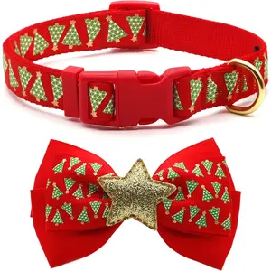 Azuza Christmas Dog Collar with Bow Tie Adjustable Dog Collar Festival Green Tree Dog Collar for Medium Dogs azuza