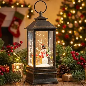 10" Christmas Snow Globe Lantern with Farm Snowman, Lighted Swirling Glittering Snow Globes with Music & Timer, Christmas Decorations for Home Tabletop Indoor