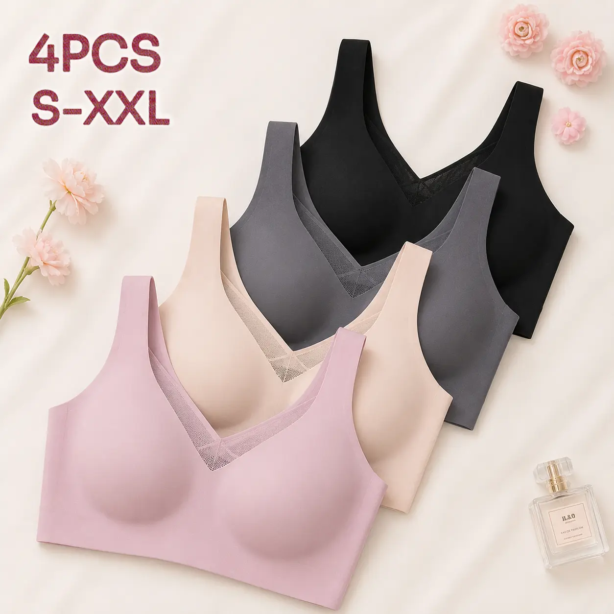 4-pack Jelly Wireless Full Coverage Supportive Bra for Women – Breathable Comfort, Natural Lift with Double-Layer Lifting Straps, Full Coverage Supportive Bra, Seamless No Underwire Everyday Comfort