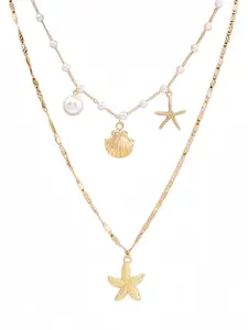 1set 2Pcs Multi‑Layer Starfish Shell Faux Pearl Pendant Clavicle Necklace Set, Gold Plated Boho Ocean Beachy Fashion Accessory for Women, Daily Summer Vacation Tropical Pool Party Holiday Gift, Viral Aesthetic Trendy Jewelry