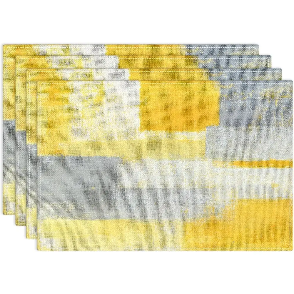 Farmhouse Placemats Set of 4 (12x18 in) - Modern Grey, White and Yellow Art Painting Tableware for Home Kitchen Dining, Birthday Party Use, with Matching Coasters for Coffee Tables