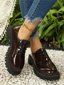 Retro British Style Patent Leather Platform Loafers Women Thick Sole Heel Lift Slimming Lace Up Anti Slip Wear Resistant Comfortable Dress Shoes for Office Work