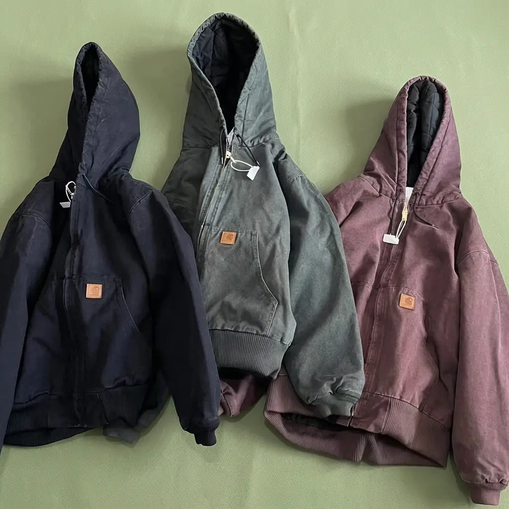 Men’s Relaxed Hooded Canvas Work Coat, Carhartt Vintage Rugged Heavy Washed Jacket, Assorted Color Outer Layer for Work Site and Outdoor Activities