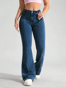 Women's Blue Washed Denim Flare Pants, Fashionable Comfortable Versatile Elastic Jeans, Fitted Long Leggings for All Seasons