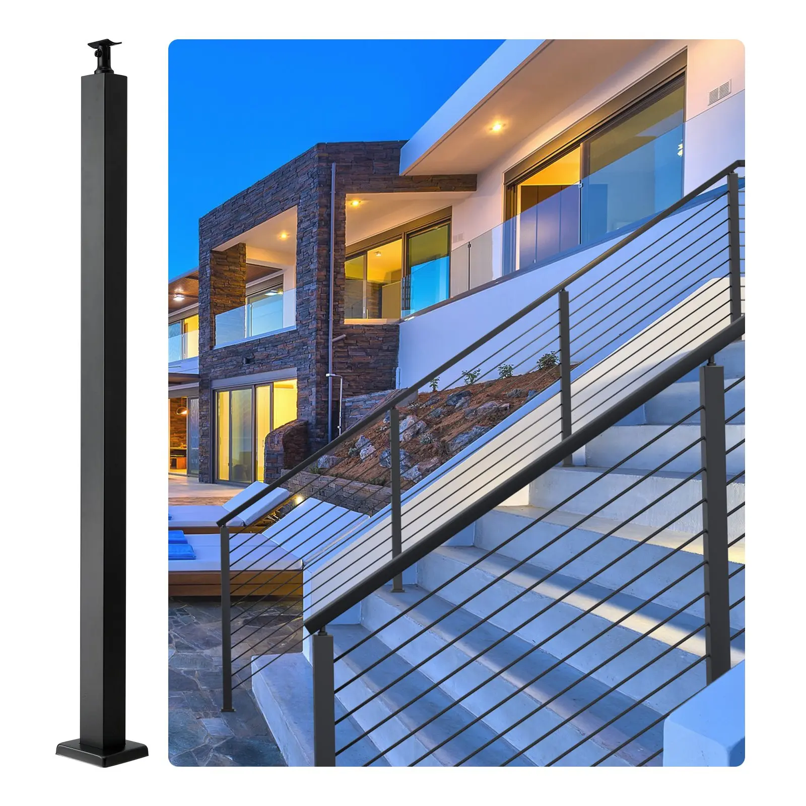 【DealsForYouDays】VEVOR Cable Railing Post, 42x 2x 2 Steel Level Deck Railing Post Without Holes, SUS304 Stainless Steel Cable Rail Post, Stair Handrail Post with Horizontal and Curved Bracket, 1-Pack, Black