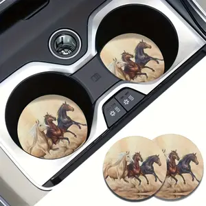 2pcs Running Horse Pattern Car Coasters, Easy Removal Anti Slip Drink Coaster Mats Fashion Car Accessories