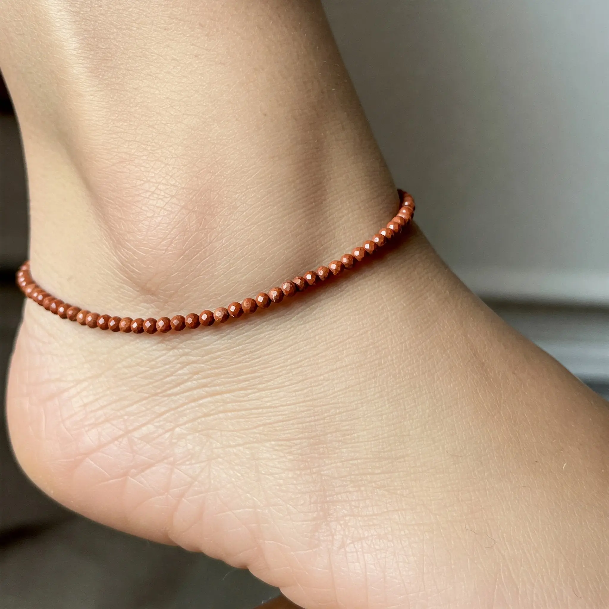 Women's Handmade 2mm Natural Red Jasper Beads Anklet - Silver Chain Healing Crystal Foot Bracelet, 2 Piece Sets, Friendship Relationship Power Gift for Daily Wear Meditation