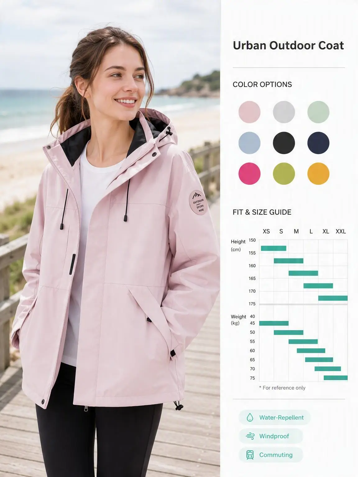 Women’s hooded cargo windbreaker jacket — solid color, windproof and waterproof, machine washable, zip-up outerwear with multiple pockets and adjustable drawstrings; suitable for outdoor hiking and commuting; ideal for spring and autumn, available in vari