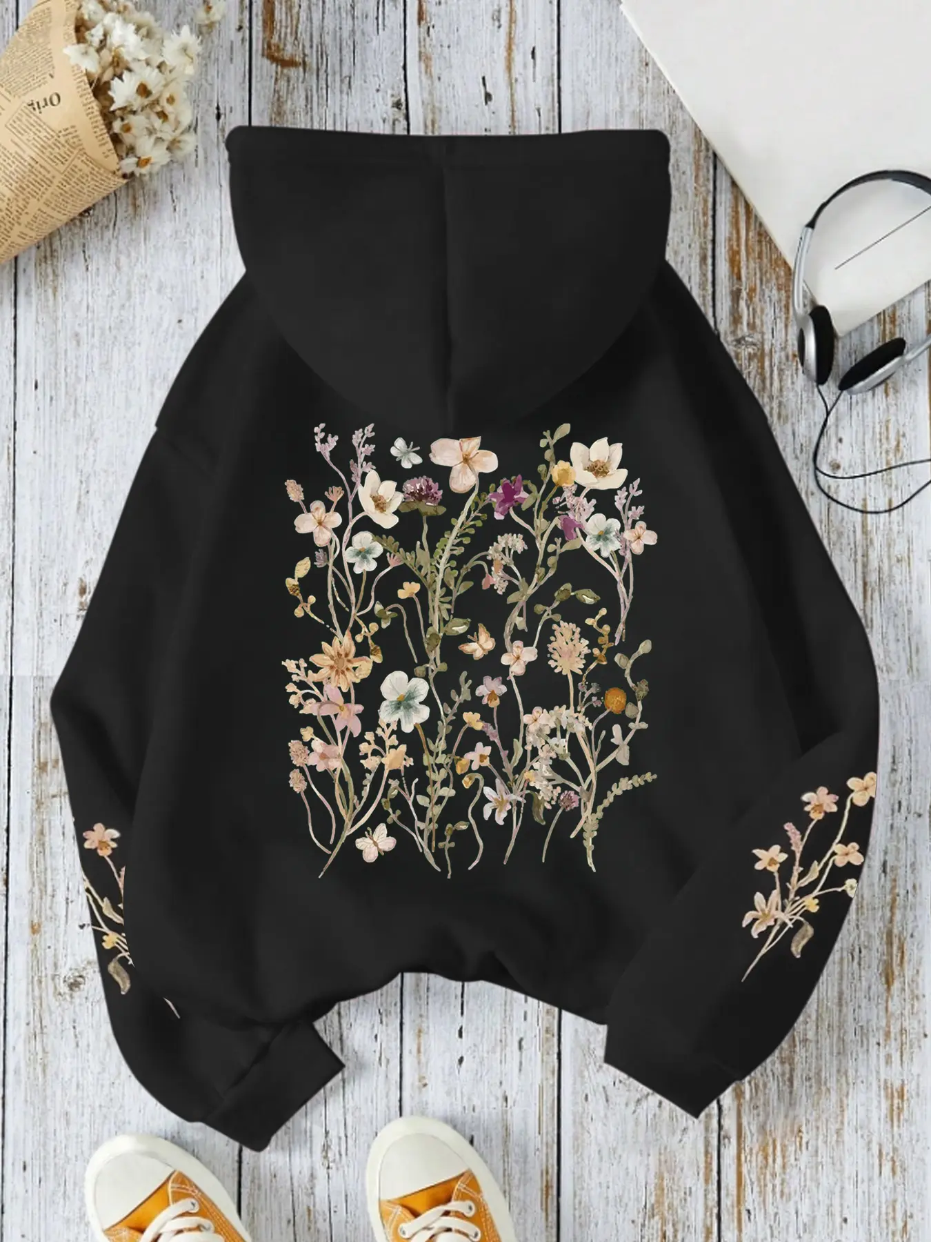 Women's Adjustable Drawstring Pocket Hoodie, Floral Graphic Print, Comfortable & Stylish, Fall Winter Warm Casual Sweatshirt, Drawstring Hooded Sweatshirt, Loose Fit, Womenswear Tops, Drawstring Knit Hoodie