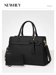 Handbag Women's Shopper Women's Large 15.6 Inch Laptop Travel Bag Women's Waterproof PU Leather Work Bag Shoulder Bag with Purse 2-Piece Set for Business Work School Black