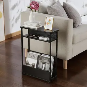 Narrow 3-Tier Side Table with Door – 15.75" Length, Industrial Metal Frame, Top Shelf, Storage Cabinet & Book Rack, 200 lb Capacity