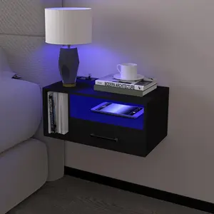 Floating Nightstand with Charging Station and LED Lights, Floating Bedside Table with Drawers Wall Mounted Nightstands,for Bedroom Room, 21.3" x 11.8" x 10",Black