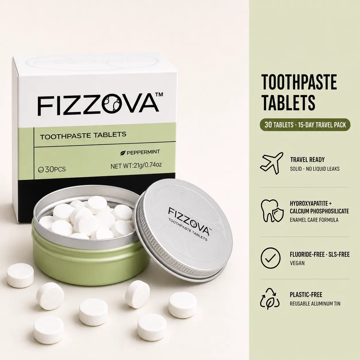 FIZZOVA Toothpaste Tablets, 30 Count Fresh Mint Toothpaste Tabs with Hydroxyapatite, Calcium Phosphosilicate, Xylitol & Probiotics, Fluoride-Free, SLS-Free, Vegan, Plastic-Free, Fast-Foaming Chewable Toothpaste Bites in Reusable Aluminum Travel Tin