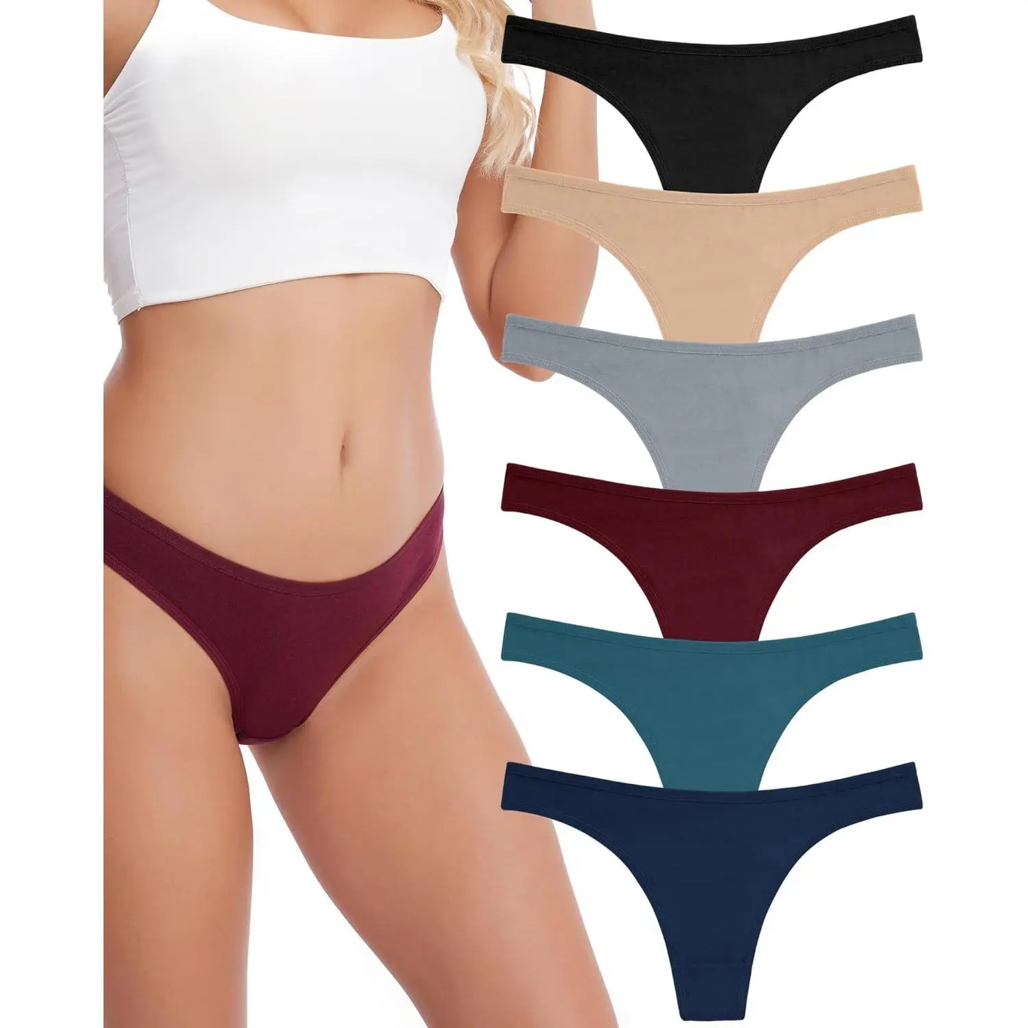 Women's 6-Pack Cotton Thong Panties, Seamless Low Waist Underwear, Minimalist Breathable Knit in Solid Colors for Daily Wear, Cotton Thongs, Affordable Fashion, Six Pieces