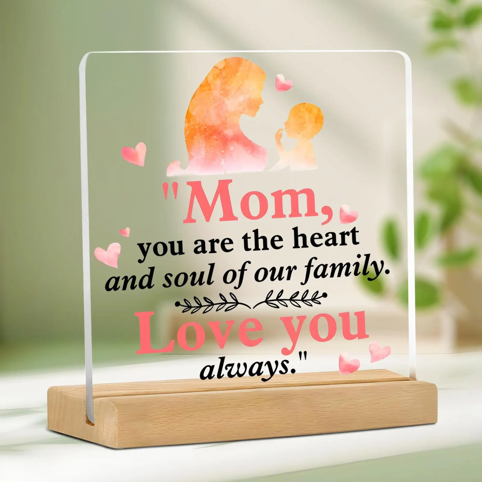 Mom Acrylic Plaque, Heart & Letter Pattern Clear Acrylic Plaque, Home Decor for Living Room Bedroom, Gift for Mom, Birthday Gift, Signs