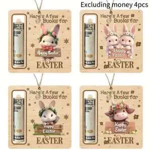 4pcs Wooden Easter Money Holder - Decorative Cash Wall Hanging Room Decoration Ornaments with Bunny Rabbit Design, Perfect Fun Gifts & Photo Props for Easter Party - Ideal Wooden Money Holder Decor Gift for Son and Daughter