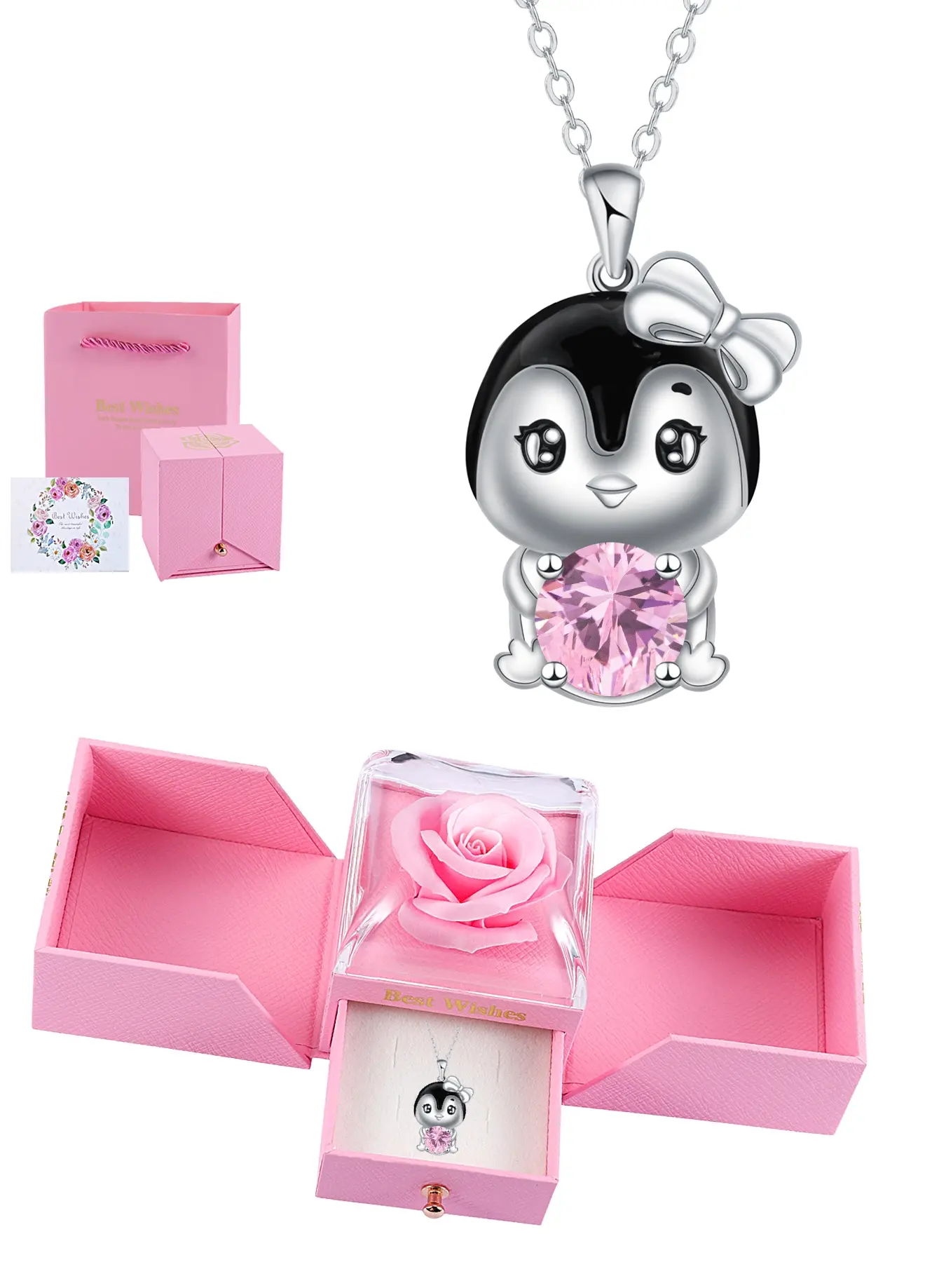 Cute Penguin Pendant Necklace, Sparkling CZ Necklace, Birthstone Pendant & Silver Color Clavicle Chain, Eternal Flower Rose Gift Box, Perfect for Daily Wear and Gifts