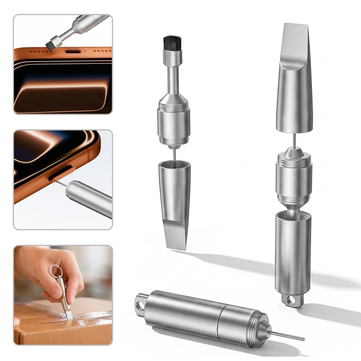 3-in-1 Keychain Multi Tool with Aluminum Alloy SIM Eject Pin, Soft Cleaning Brush & Mini Flathead, Portable Gadget For Phone, Earbuds, Keyboard Cleaning & Daily Carry, Easy to Carry