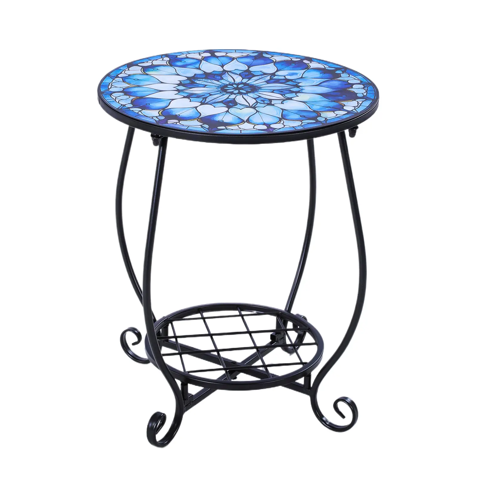 14 Inch Metal Frame Small End Table Storage Shelf Anti-Rust Round Accent Table Bedside Plant Stand for Yard Patio Porch Garden Living Room Bedroom
