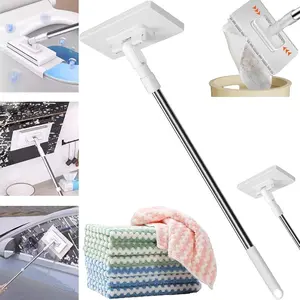 2026 Upgraded Disposable Mini Dust Mop, Zero Touch Convenient Cloth Changing Mops for Kitchen Counter, Foldable 100cm Adjustable Long Handle Mopping Stick (1 Mop + 5 Cloths)