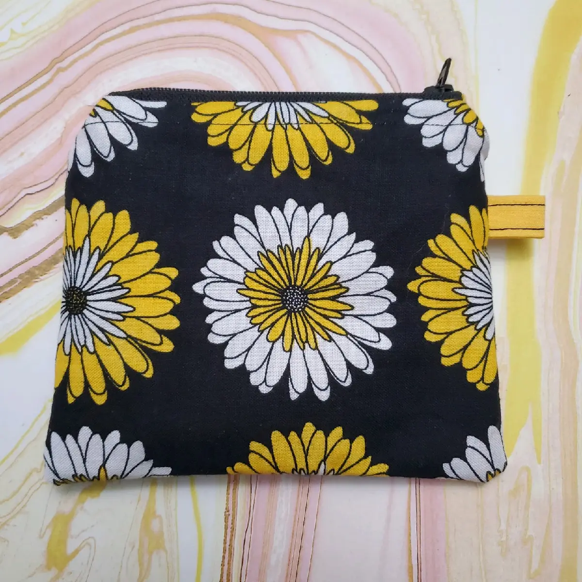 Handmade Daisy Print Black Yellow & White Coin Purse | Small Wallet | Zipper Closure w/ Keyring Lobster Claw Clip