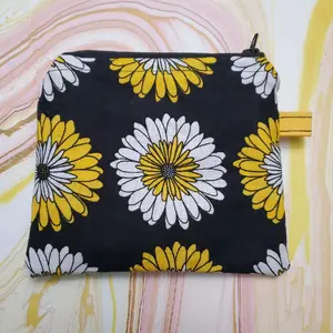 Handmade Daisy Print Black Yellow & White Coin Purse | Small Wallet | Zipper Closure w/ Keyring Lobster Claw Clip