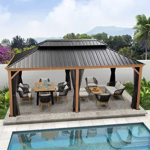 PURPLE LEAF 12' x 20' Hardtop Gazebo For Patio | Galvanized Steel Wood Grain Frame With Netting