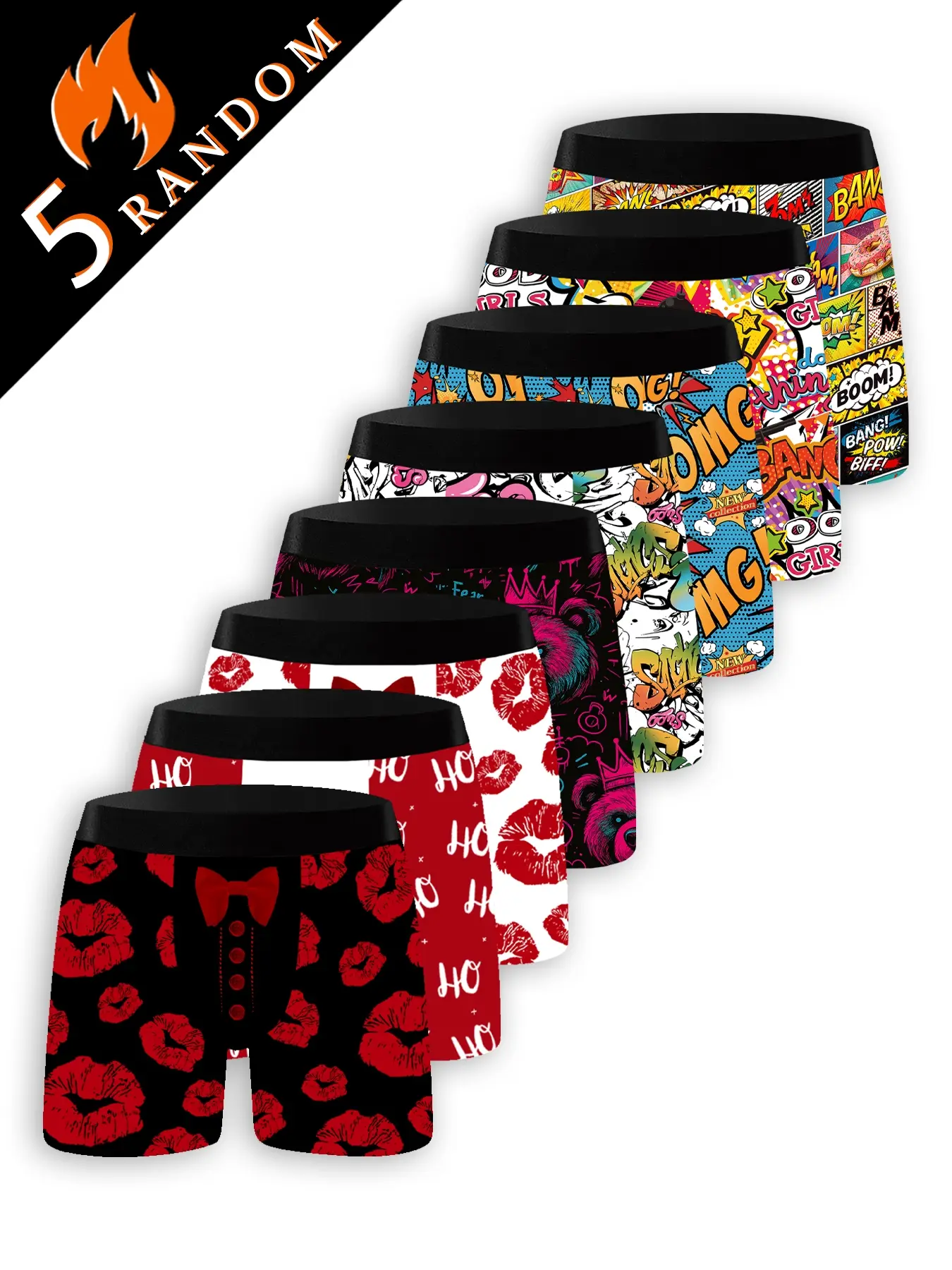 5 Random Pieces: Men's Cartoon Graffiti Streetwear Underwear Set – Print Boxershorts, Elastic Mid-Waist Briefs, Casual Underwear, Daily Essentials, Fun Prints, Graffiti Design, Soft Material, Elastic Waistband, Ideal for Trendy Men & Fashion Enthusiasts