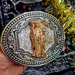 Santa Muerte Belt Buckle Cowboy Design with Centre Holy Death figure High-Quality Zinc Alloy, Silver and Rose Gold.
