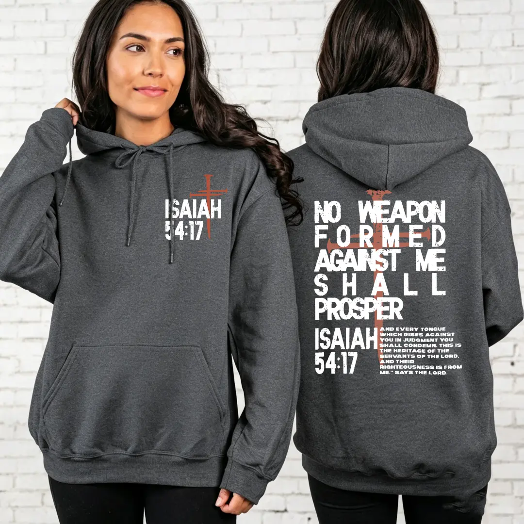 Women's Oversized Christian Cotton Fleece Fuzzy Hoodie Top - Isaiah 54:17 "No Weapon Formed Against Me Shall Prosper", Front & Back Cross Graphic, Adjustable, Casual Polyester Blend, Ideal for Gym, Cargo Outfits, Boxy Pullover Sweatshirt