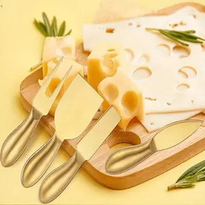 1 Set Stainless Steel Cheese Knives Set, Cheese Tools with Slicer and Cutters for Kitchen (Gold,4 Pieces)