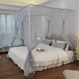 Bed Curtains - 4 Corners Post Bed Curtains for Girls & Adults, Bed Bed Net Bedroom Decoration Accessories - Grey, King Size