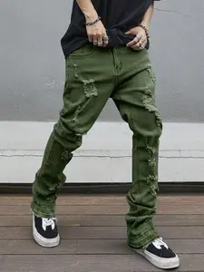 Men's Vintage Flared Jeans, Frayed & Ripped Design, Retro Style Jeans, Suitable for Daily Outfits, Drapey Fit & Trendy Design