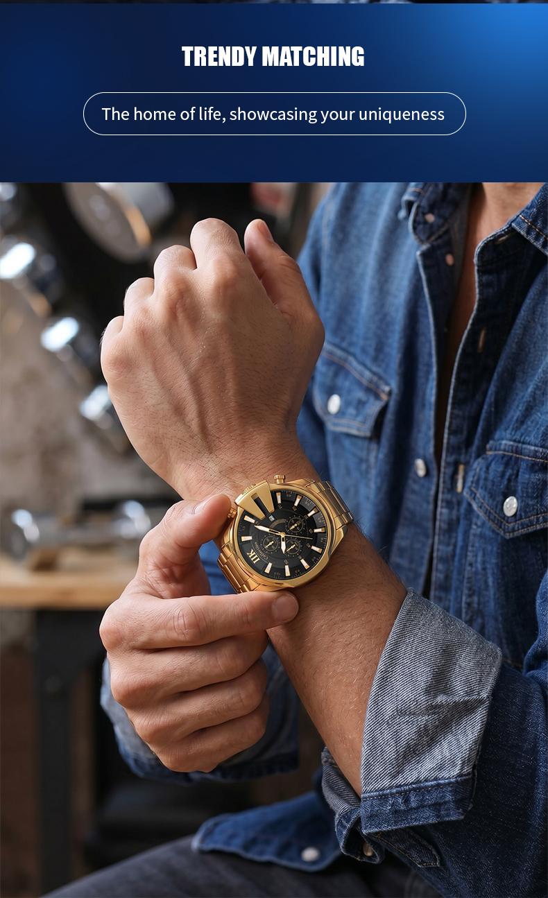 Swiss Quality Luxury Chronograph Watch for Men - Gold Tone Sport Wristwatch with Black Dial, Luminous Hands & Date Window Swiss Quality Luxury Chronograph Watch for Men - Gold Tone Sport Wristwatch with Black Dial, Luminous Hands & Date Window