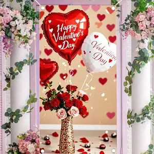 2D flat banner, 1pcValentine's Day Red Rose Bouquet Vase Decoration with Heart Balloons, Gold Confetti Beige Background Decor for Romantic Party Setupgalentines party decor, valentine day decor, decorations for valentines day