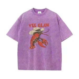 LeoMiles Yee Claw Funny Lobster Graphic T-Shirt - Women's Vintage Acid Wash Summer Tee - Retro Western Cowboy Crawfish Oversized Top