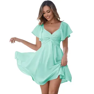 Chicovar Women's Summer Chiffon Mini Dress, Sweetheart Neckline, Knot Front, Flutter Sleeve, A-Line, Tie-Back, Flowy Hem, Comfortable Dress, No Scratchy, No Sheer for Wedding Guest, Bridal Shower, Church, Party, Vacation, Daily Wear, TikTok Shop Finds