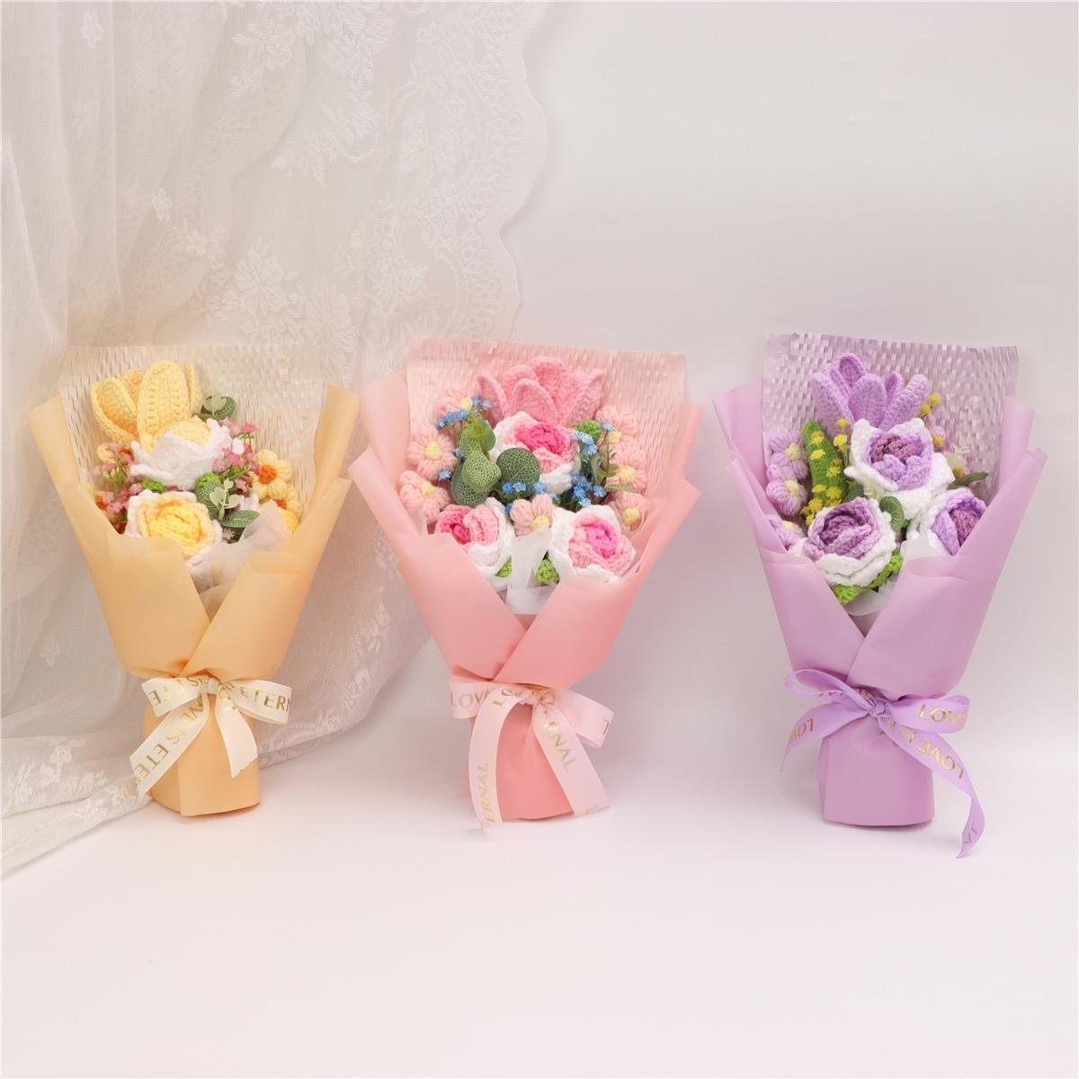 Mother's Day 1pc Handmade Knitted Rose & Lily Bouquet, Yarn Crochet Artificial Floral, Home Decoration, Perfect Gift for Christmas,  Valentine's Day, Birthday, Wedding and Anniversary