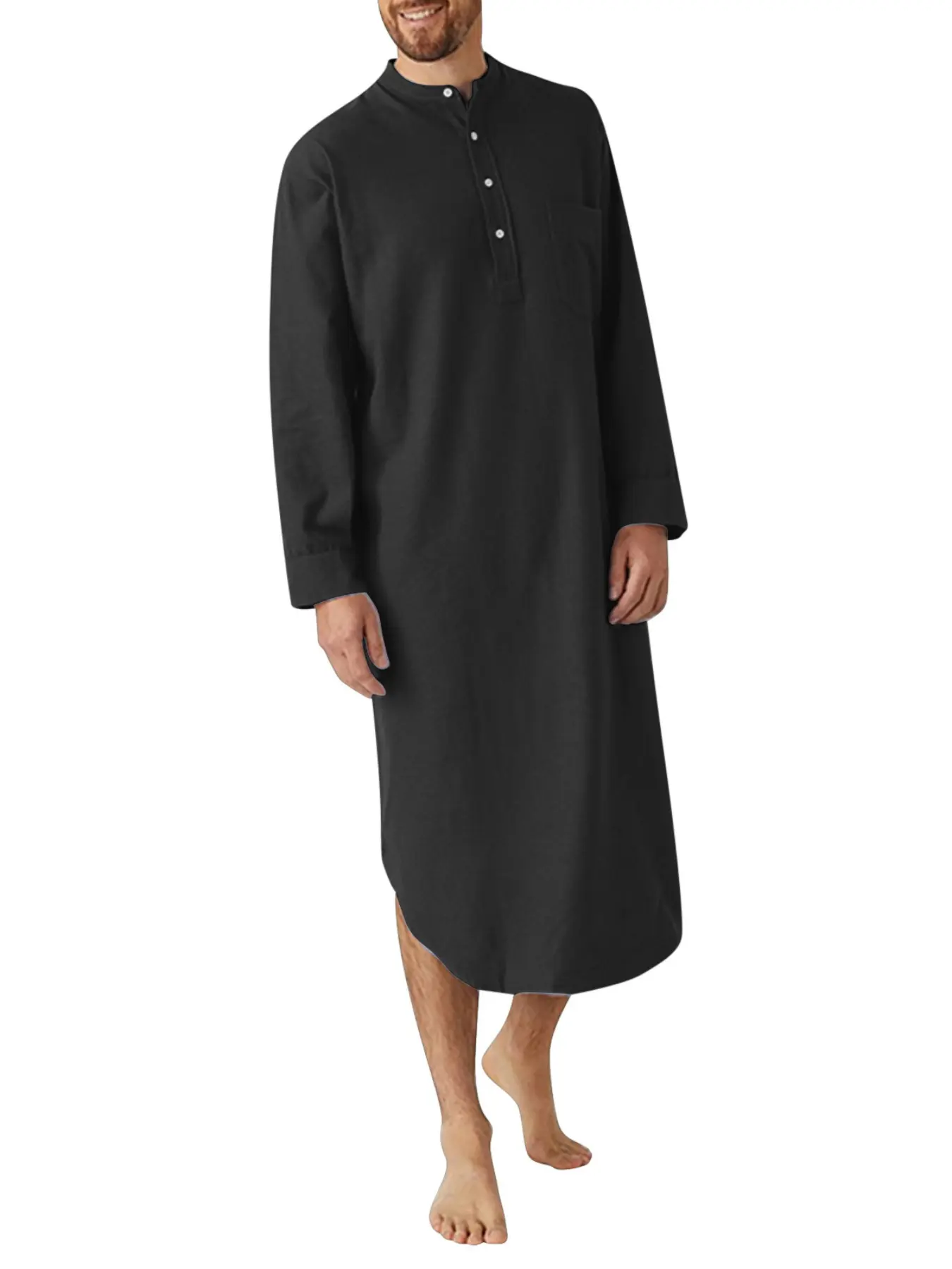 Muslim Men's Long Robe Fashion Sleepwear, Long Sleeve Button-Up Solid Color Printed Shirt, Comfortable Nightwear for Daily Use