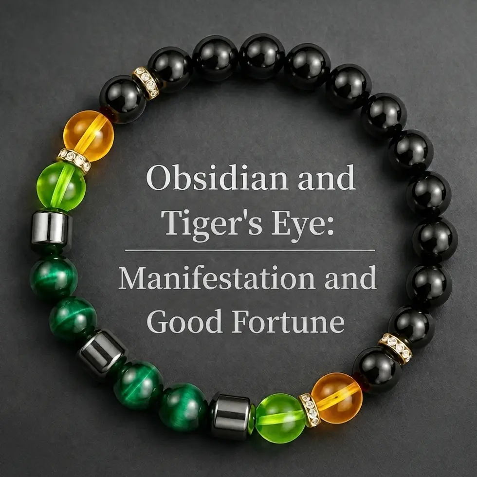 Obsidian & Tiger's Eye Beaded Bracelet - Elastic Bands, 18cm, Wealth-Attracting, Gift-Ready Costume Jewelry with Stone Accents for Manifestation, Protection, No, Auspicious, Stylish And Functional, Ideal Gift, Gift Ideas