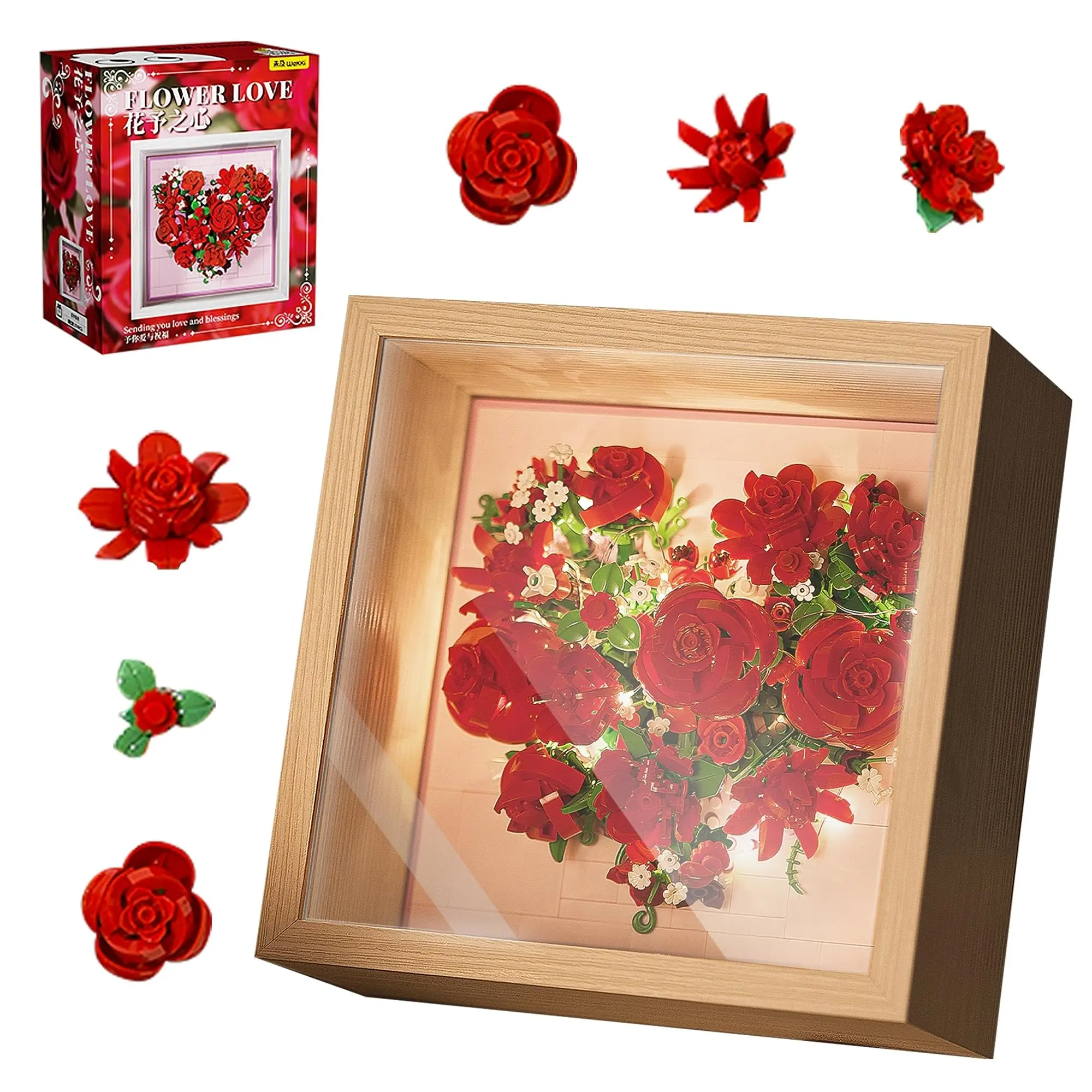Red Rose Building Blocks Bouquet Frame, 3D Flower Building Set for Adults, Romantic DIY Rose Art Kit with Heart-Shaped Floral Design, Decorative Home Display Craft Gift for Valentine’s Day, Anniversary, Birthday, Christmas