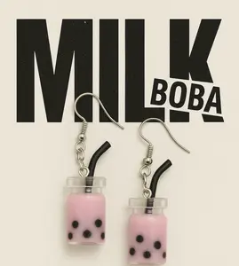 Cute Boba Tea Earrings – Handmade Resin Dangle Jewelry with 925 Sterling Silver Hooks