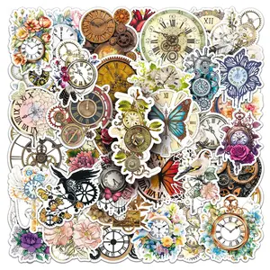 Vintage Mechanical Clock Stickers 50 Sheets, Waterproof DIY Scrapbook Sticker Set, Clock Art Decor Stickers for Luggage, Laptop, Phone Case