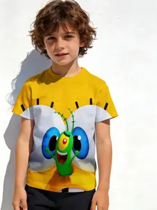 Boys' crew neck short sleeve T-shirt sports leisure Spongebob Squarepants Character Print 3D printing spring and summer clothing, teenagers, super cool, fun designs, Cartoon Print Tee, fashionable football jersey